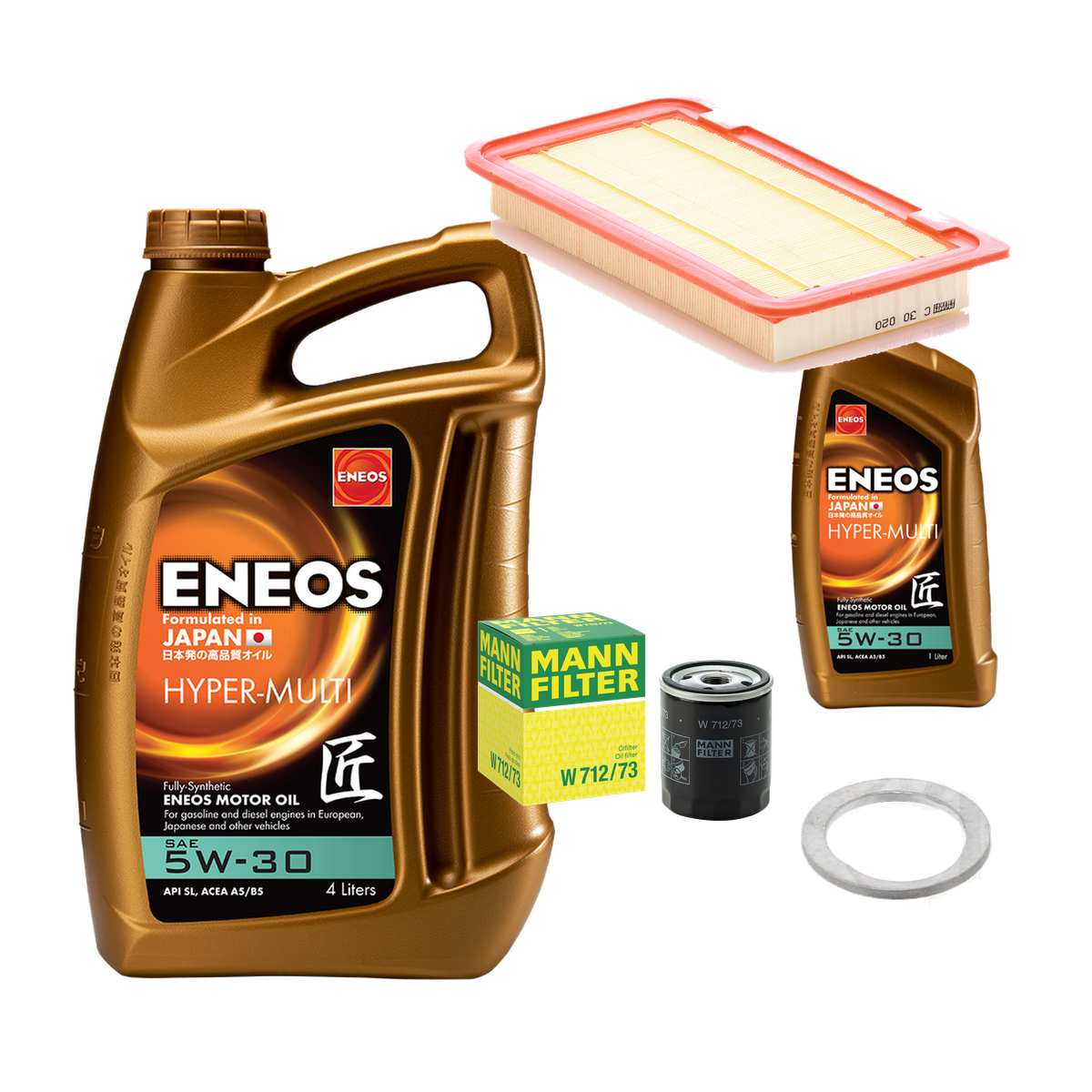 MX-5 NC éves szervizcsomag: ENEOS 4 L és 1 L, MANN-FILTER olaj- és légszűrő, leeresztőcsavar-alátét