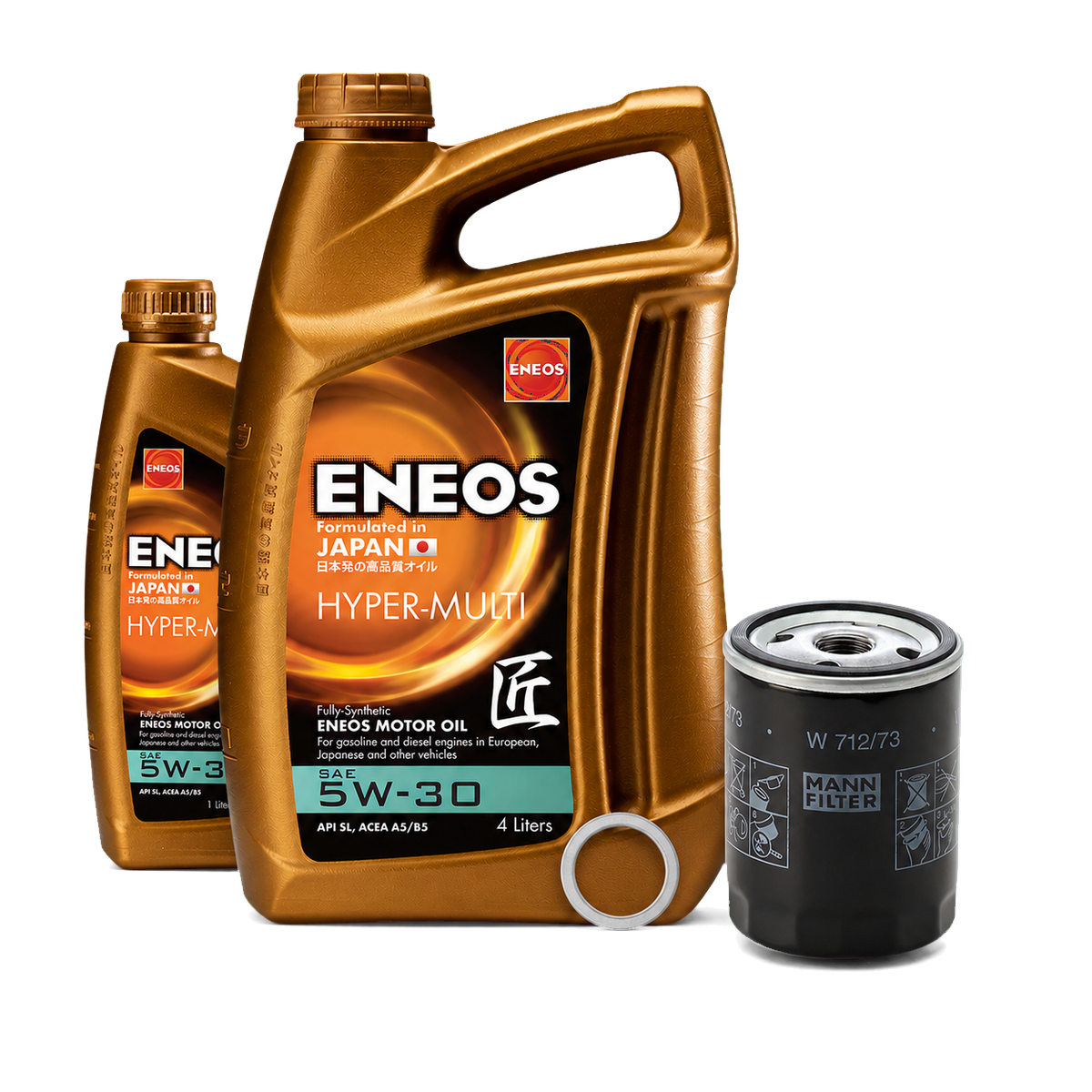 MX-5 NC olajcserecsomag illusztráció: ENEOS 4 L és 1 L, MANN-FILTER W 712/73, ELRING 243.205 alátét